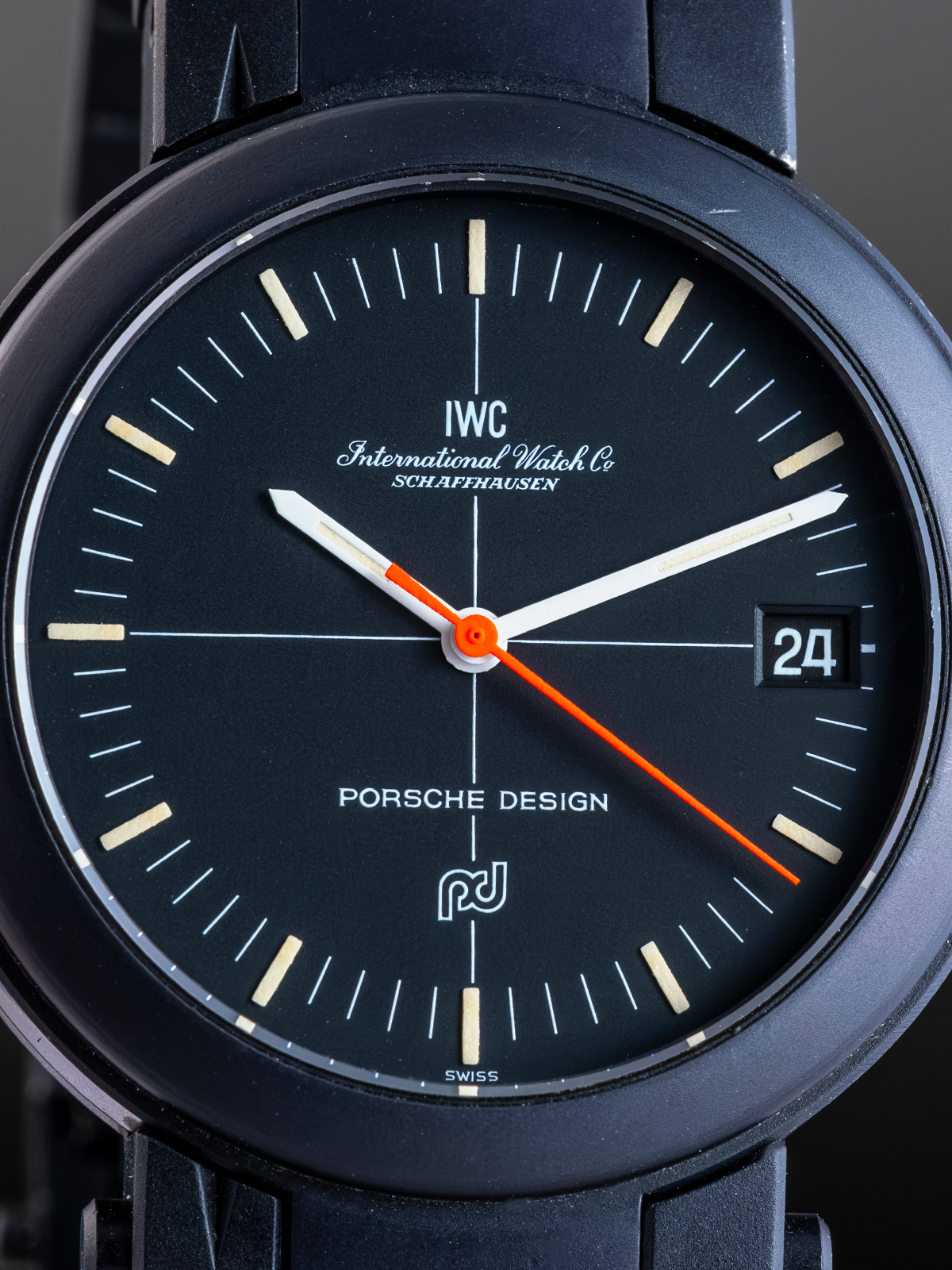 Close-up of a Porsche Design watch with IWC branding