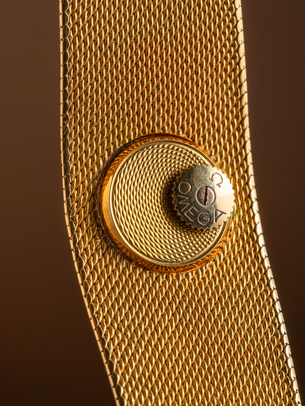 Close-up of a gold textured belt with a button featuring a logo on a brown background