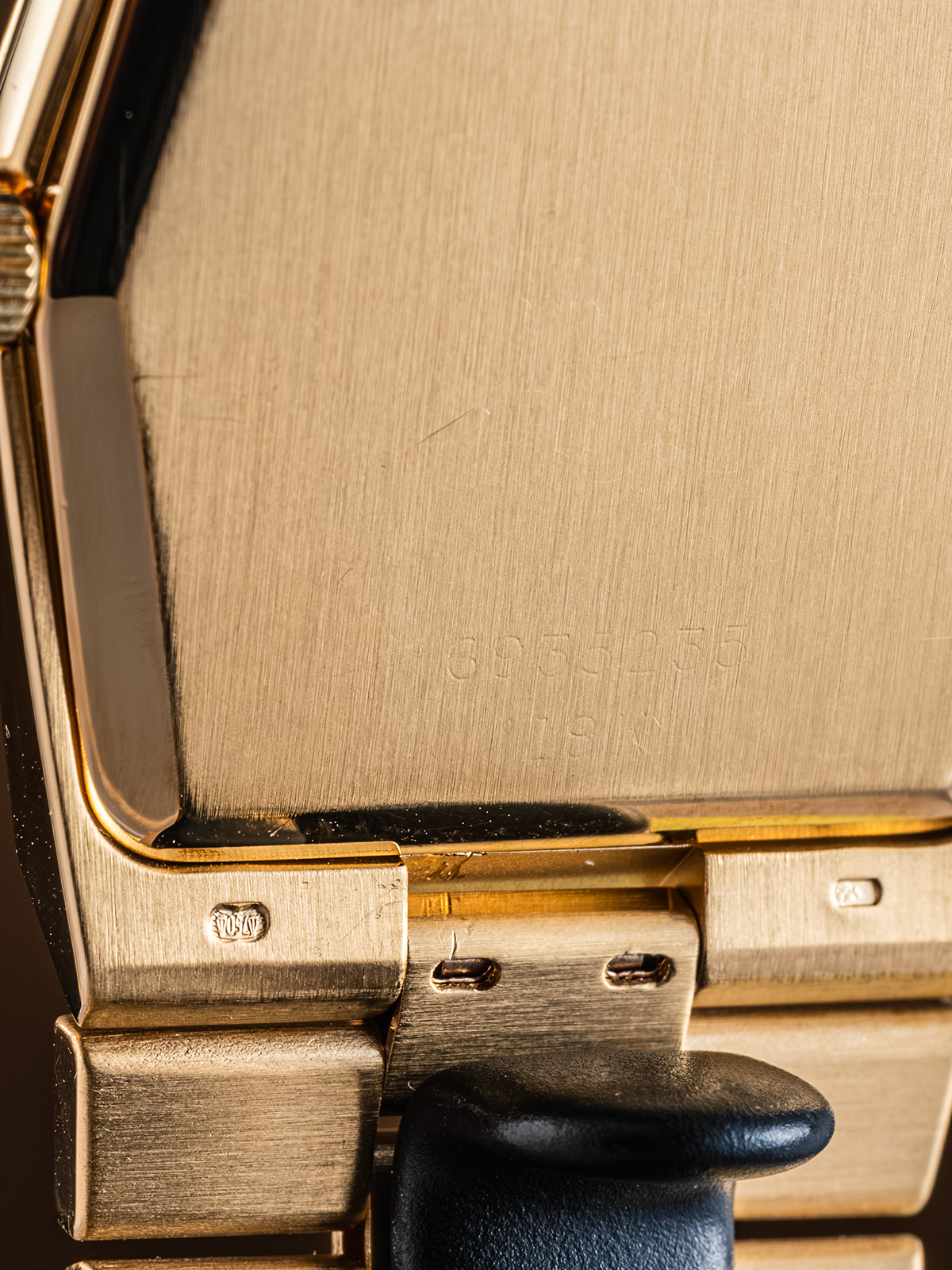 Close-up of a gold watch case with a textured surface