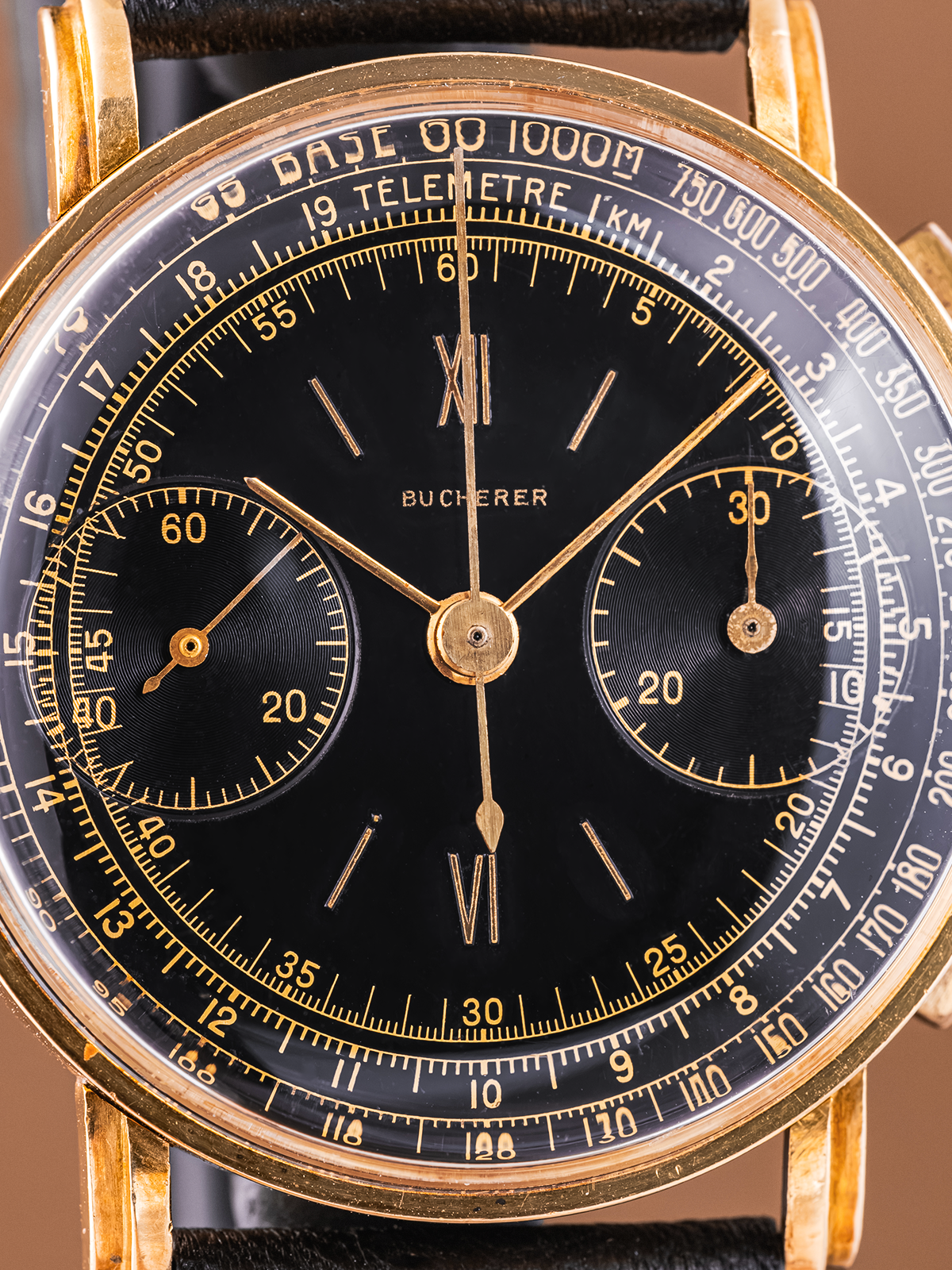Bucherer Gilt Dial Stepped Case 36mm Chronograph from 1940s